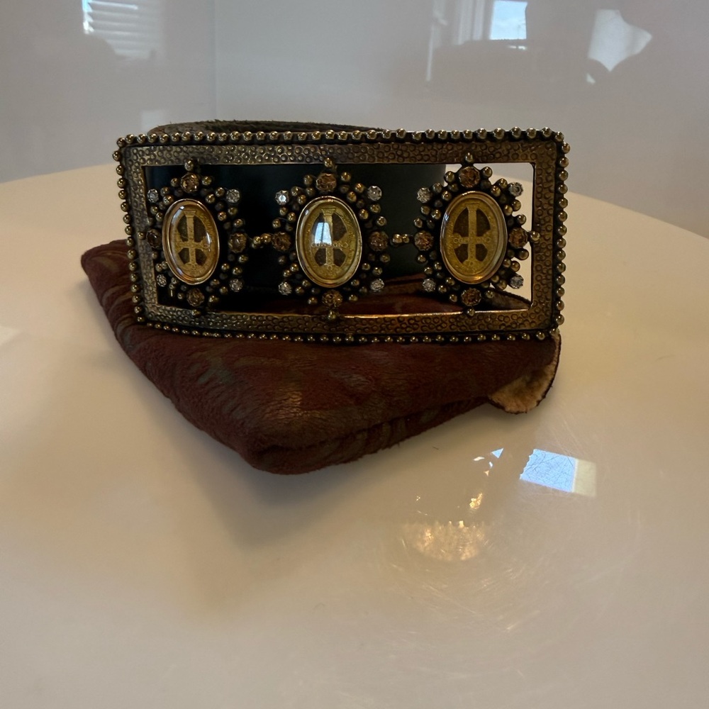 All Saints Vintage-Inspired Black Leather Belt with Ornate Gold Buckle
